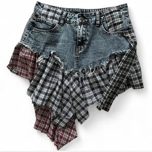 Plaid Patchwork Denim Skirt